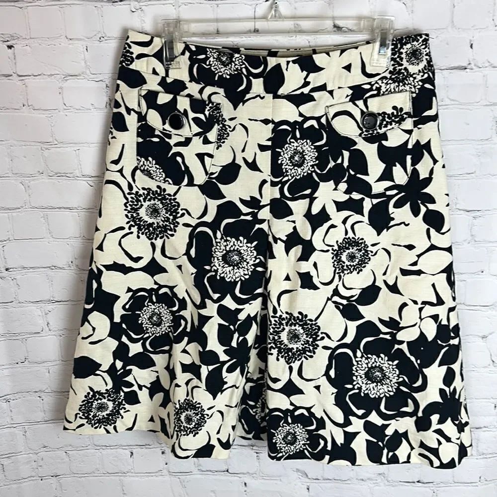 Merona Black Ivory Floral A-Line Lined Knee-Length Skirt Size 12